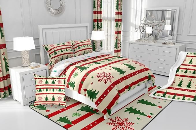 Feelyou Christmas Bedding Set Soft for Boys Girls, Xmas Tree Comforter Set Twin Size Snowflake Star Duvet Quilt Microfiber New Year Theme Bedroom Decor 2 Pcs with 1 Pillow Cases