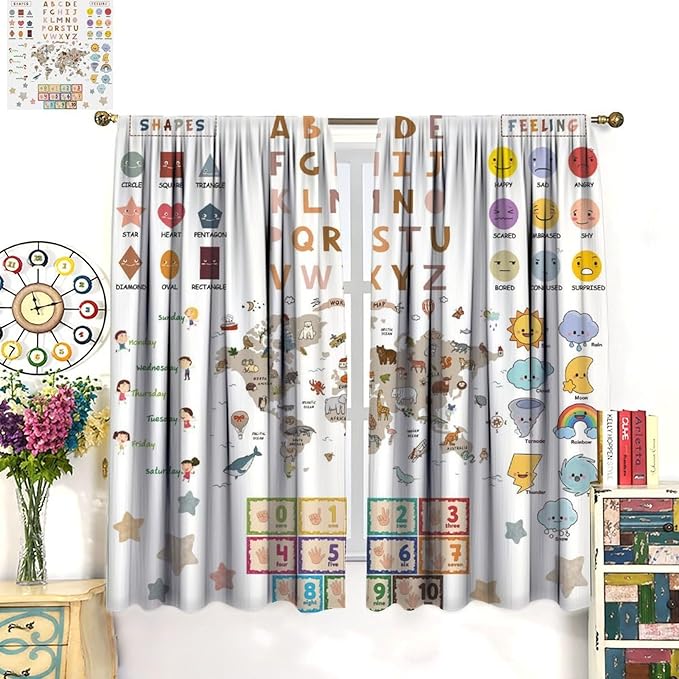 Kids Educational Curtain,Pastel ABC Alphabet Continents Map Numbers Shapes Weather Learning Tools Boy Girl Nursery Rod Pocket Blackout Window Treatments for Bedroom Living Room 42" W X 54" L
