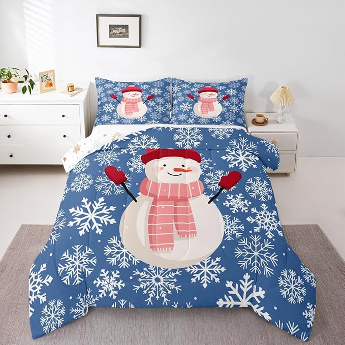 Feelyou Christmas Comforter Set King Size Snowman Blue Bedding Set for Kids Boys Girls Xmas Snowflakes Duvet Quilt Winter Snow Bedroom Decor Microfiber 3 Pcs with 2 Pillow Cases