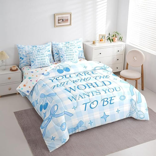 7 Pieces Blue Bowknot Comforter Set King,Cartoon Cherry Stars Daisy Flowers Princess Bedding Set,Bow Geometric Plaids Patchwork Dreamy（Comforter+Fitted+Flat Sheet+2 Pillowcases+2 Throw Pillow Covers）