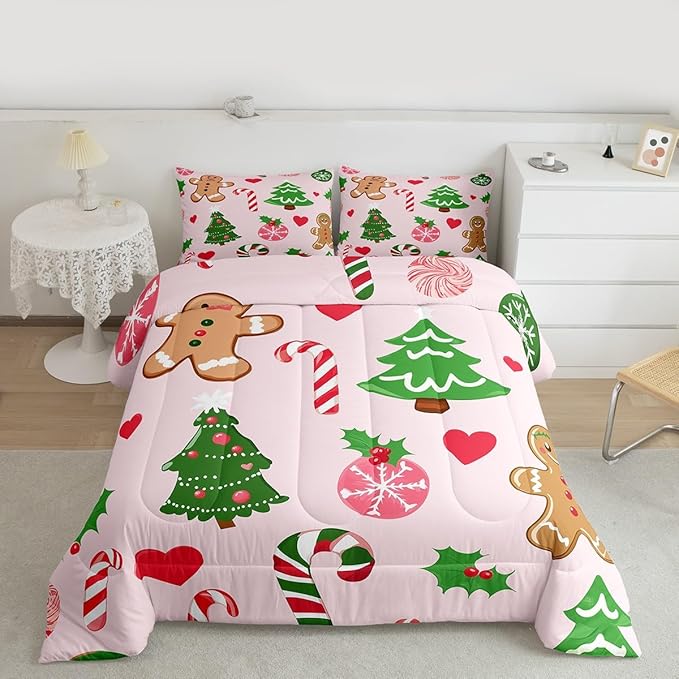 Feelyou Merry Christmas Kids Comforter Set Queen Size Gingerbread Man Bedding Set Christmas Decor Duvet Quilt for Kids Boys Girls Bedroom New Year Gift Decor Microfiber Ultra Soft Breathable