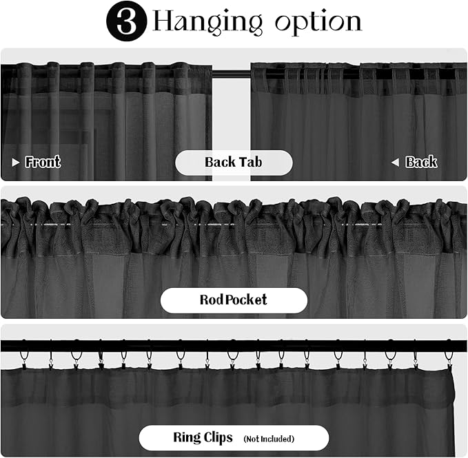 Dreaming Casa Black Sheer Curtains 102 Inches Long, Rod Pocket & Back Tab Light Filtering Textured Sheers for Living Room Bedroom, 2 Panels, Each 100" W x 102" L