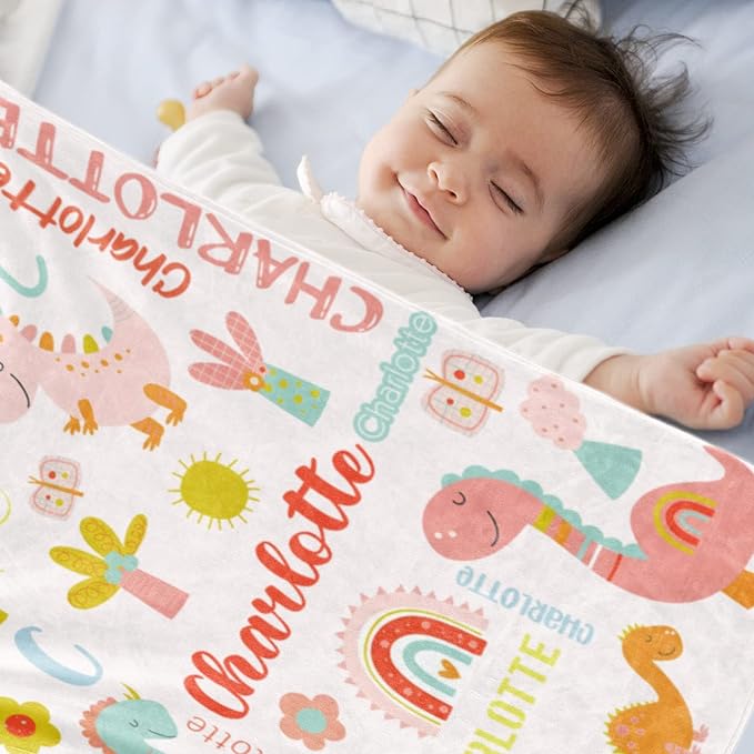Personalized Dinosaur Blanket with Name for Girl, Custom Kids, Soft Flannel Pink Toddler Customized Gift Birthday Christmas Baby Shower Children Day, 40''x50'' child