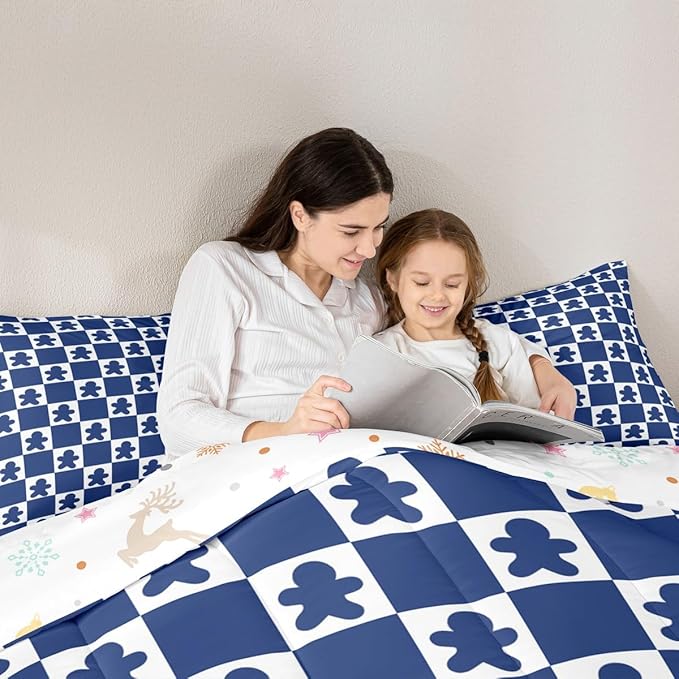 Feelyou Christmas Kids Comforter Set Toddler Size Checkered Bedding Set Gingerbread Man Duvet Quilt for Kids Boys Girls Bedroom Xmas Decorations Decor Blue Microfiber Ultra Soft Breathable