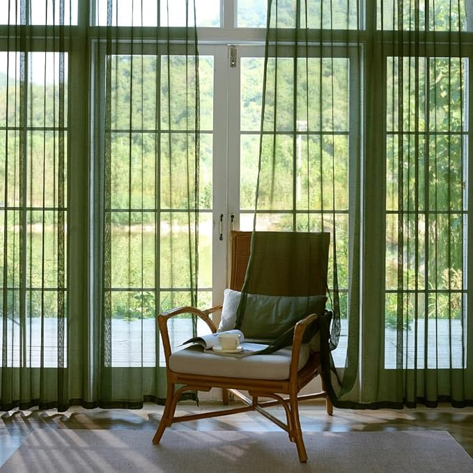 Olive Green Sheer Curtains 102 Inch Long 2 Panels, Dark Textured Linen Look See Through Drapes, Thin Light Filtering Window Treatments, DIY Pinch Pleat Sliding Glass Door Curtain