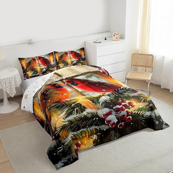 Feelyou Merry Christmas Kids Comforter Set Twin Size Cardinal Bedding Set Winter Bird Duvet Quilt for Kids Boys Girls Bedroom Red Berries Decor Microfiber Ultra Soft Breathable