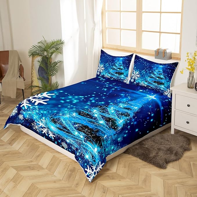 Manfei Blue Xmas Tree Duvet Cover Set King Size, White Snowflake Print Comforter Cover with 2 Pillowcases, Christmas Theme Bedding Set 3pcs for Kids Boys Girls Bedroom Decor,No Comforter