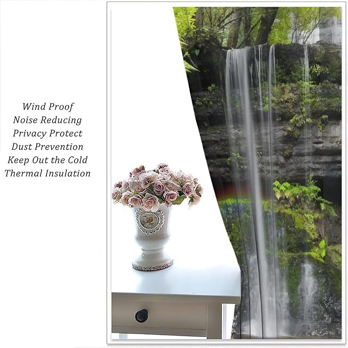Natural Landscape Waterfall Blackout Curtains, Forest Falls Spring Natural Scenery Green Plant Tree Leaf Rod Pocket Window Drapes, for Bedroom Living Room 55" W X 63" L