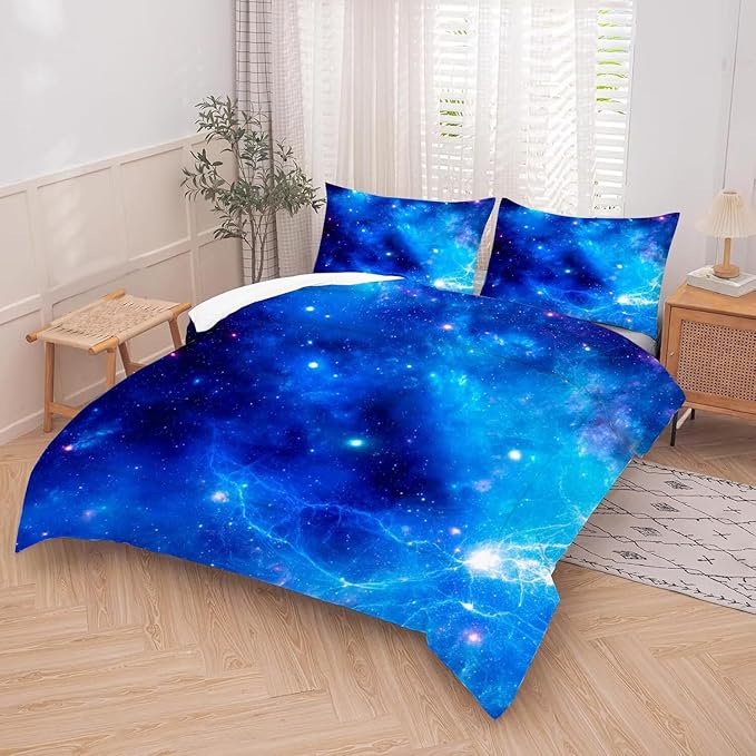 kxry Blue Galaxy Space Comforter Set King Size Outer Space Starry Sky Universe Bedding Sets for Girls Teens Kids Soft Microfiber Lightweight Comforter Set with 1 Comforter + 2 Pillow Cases