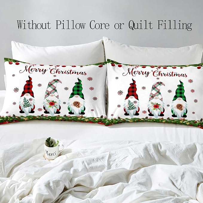 LUVIVIHOME 3PCS Christmas Gnome Duvet Cover Full, Christmas Bedding, White Duvet Cover, Holiday New Year Santa Claus Snowflake Black Red Checkered Buffalo Plaid Comforter Quilt Cover, 2 Pillow Cases