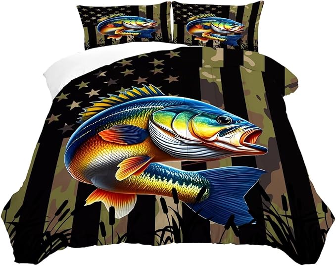 Bass Fish Comforter Set Twin Size Camouflage Fisherman Bedding Set for Men Boys Teens Green Fishing Lover Bedroom Farmhouse Bed Set Wild Quilted,1 Comforter 1 Pillowcase