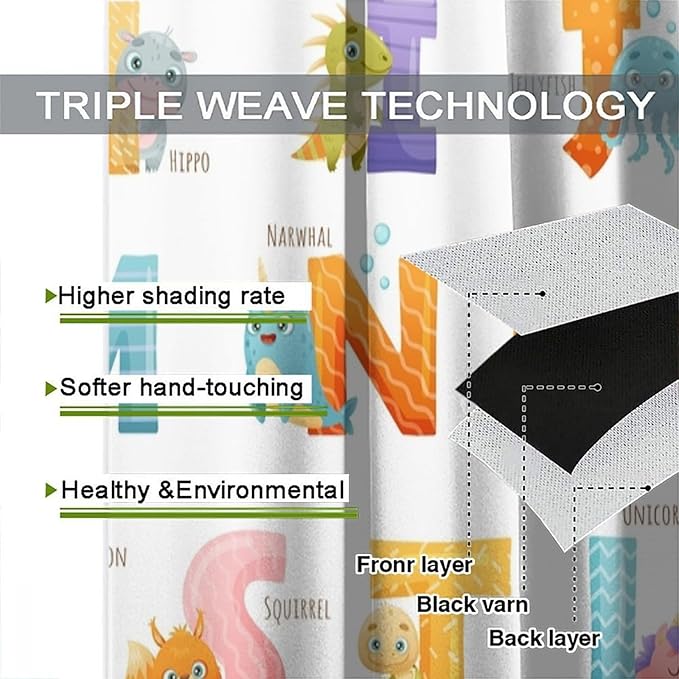 Kids Alphabet Curtains Educational Baby Cartoon Animals Colorful Cute Curtain with Rod Pocket for Nursery Living Room Home Decor Drapes Window Treatments 2 Panels Set 63x72in