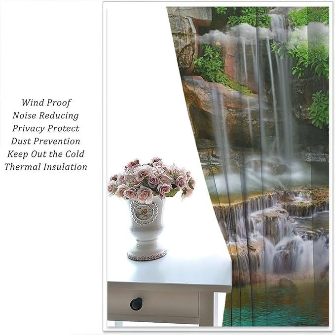 Waterfall Blackout Window Curtains, Rocky Waterfall to Pond Running Off Scenic Nature Themed Picture Print Window Drapes, for Living Room Bedroom 55x63in 2 Panels