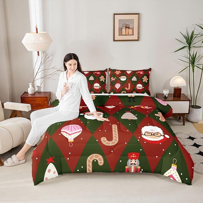 Feelyou Merry Christmas Bedding Set Soft for Boys Girls, Santa Claus Comforter Set Twin Size Xmas Tree Nutcracker soldier Duvet Quilt Microfiber Gingerbread Man Bedroom Decor 2 Pcs with 1 Pillow Cases