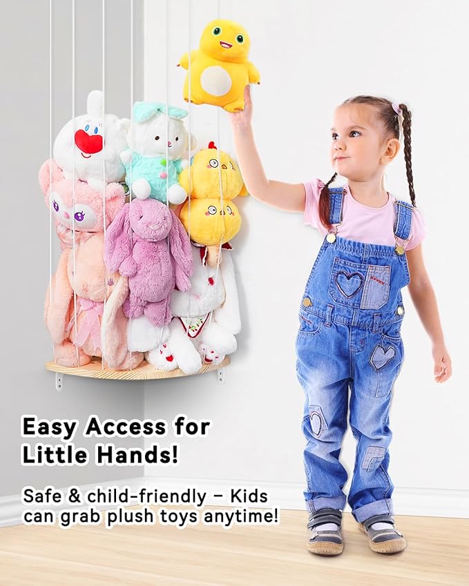 Corner Stuffed Animal Storage Net - Heigh Adjustable Wood Stuffed Animal Organizer - Large Wall Plush Holder Teddy Bear Storage for Bedroom Kids Room Nursery Decor (Natural Pine with Dolphin Pattern)