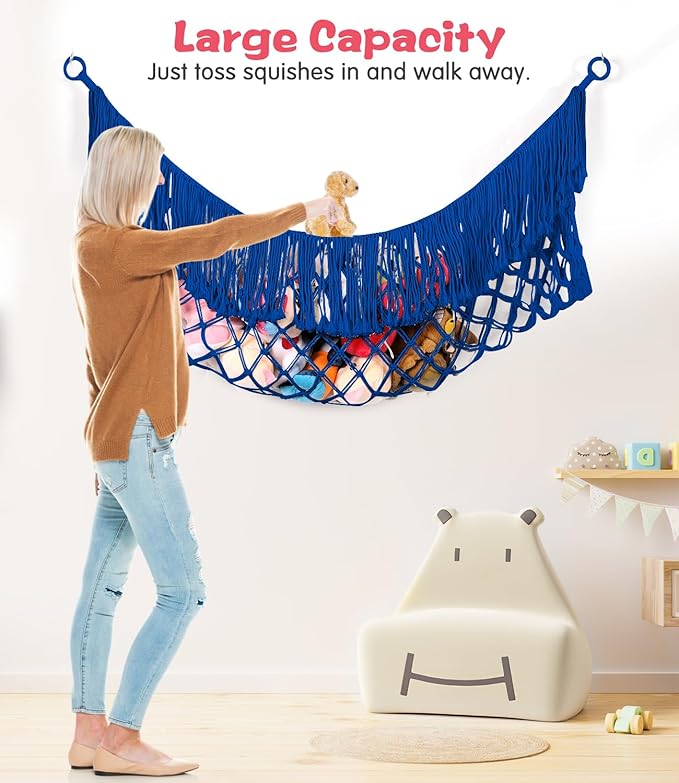 Stuffed Animal Hammock - Extra Large 56'' Long, Stuffed Animal Storage, stuffed animal Holder net, Toy Hammock Large, Toy Storage Hanging Organizer - Sapphire blue