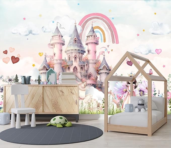 XMPMBM-Pink Cartoon Citadel Nursery Room Fabric Wallpaper Girls Bedroom Wall Mural-W 88" X H 59"（36 Square Foot）