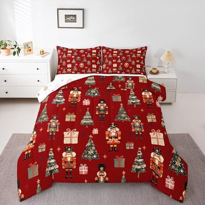 jejeloiu Xmas Nutcracker Comforter Set King Size Christmas Red Bedding Set for Kids Boys Girls Cute Snowflakes Duvet Quilt Bedroom Decor