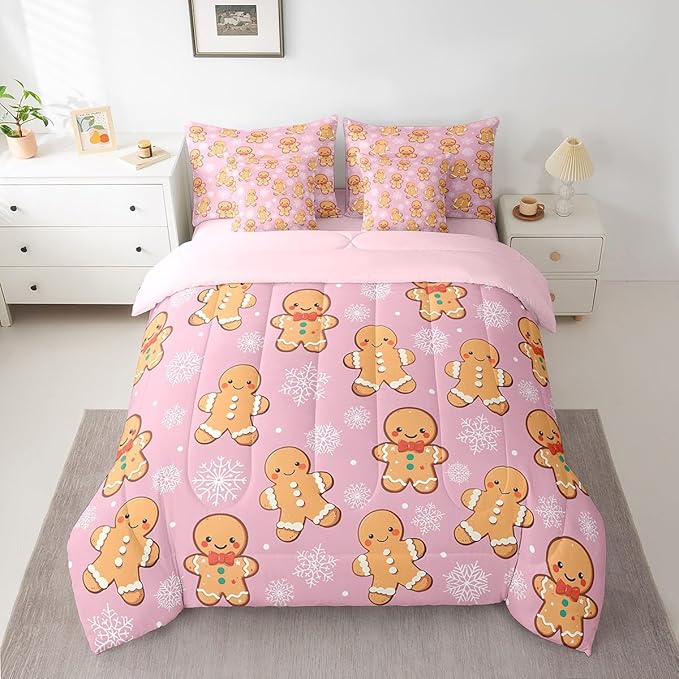 Erosebridal Christmas Gingerbread King Bedding Set 7 Piece,Cute Gingerbread Man Bed in A Bag,Xmas Snowflake Comforter Set Girls Sheet Set with Comforter,Pink Christmas Decoration