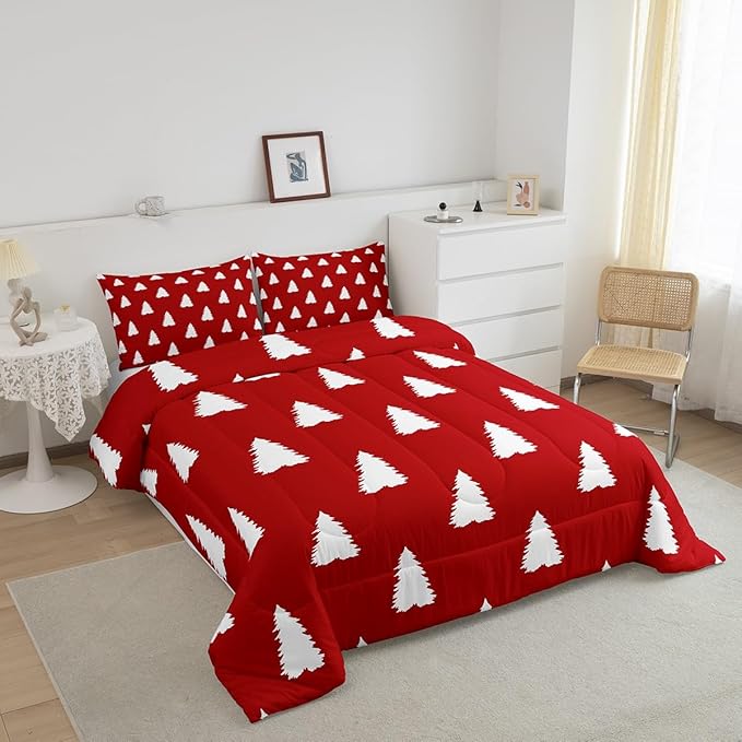 Feelyou Red Christmas Trees Bedding Set for Kids Boys Girls Toddler Size Xmas Comforter Set Ultra Soft Winter Comforter Holiday Decor Duvet Quilt Bedroom Decor Christmas Ornaments Quilt