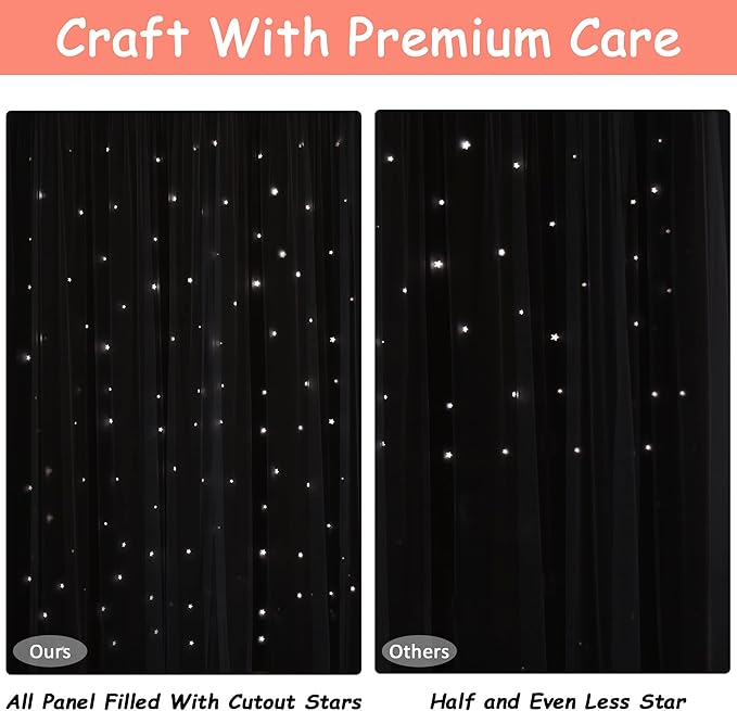 Kinryb Princess Curtains for Girls Bedroom with Sheer Overlay,Double Layer Curtain for Living Room with Star Cutout, Curtains for Kids Room (52 W*72 L Inches,2 Pcs Coral)