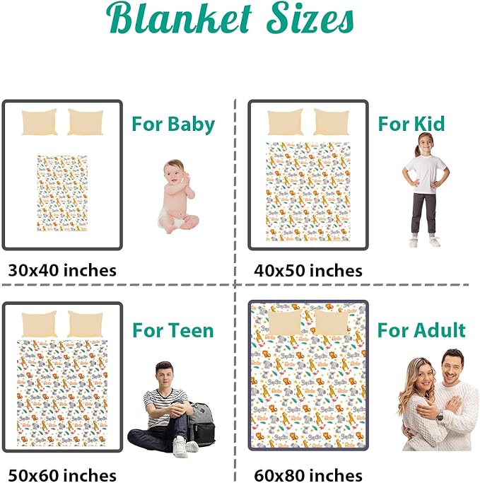 Custom Safari Animals Blanket Gift, Personalized Baby Blanket with Name, Soft Plush Flannel/Sherpa Fleece Throw Blankets for Toddler Kid Teen Boys Girls Color05