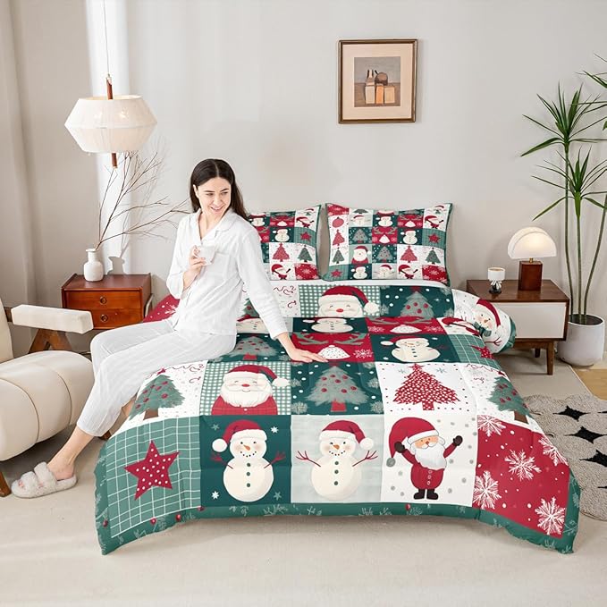 Feelyou Merry Christmas Comforter Set All Season Xmas Tree Snowman Bedding Set with 2 Pillow Cases Santa Claus Microfiber Kids King Bedclothes Patchwork Bedroom Decor Duvet Quilt Breathable Soft