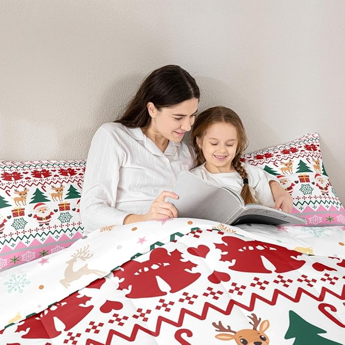 Feelyou Merry Christmas Comforter Set All Season Santa Claus Bedding Set with 1 Pillow Cases Cute Deer Microfiber Kids Twin Bedclothes Snowflake Bedroom Decor Duvet Quilt Breathable Soft