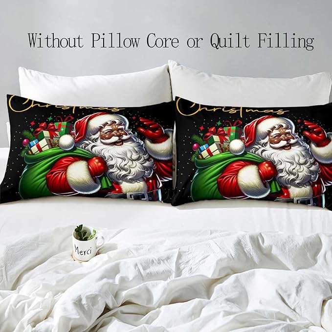 LUVIVIHOME 3PCS Black Santa Claus Duvet Cover King Bedding Set, Christmas Bedding, Holiday Xmas Gifts Black Comforter Quilt Cover, African American Christmas Decorations, Bed in a Bag, 2 Pillow Shams