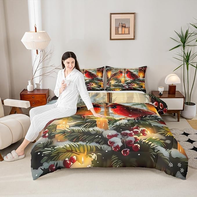 Feelyou Merry Christmas Kids Comforter Set King Size Cardinal Bedding Set Winter Bird Duvet Quilt for Kids Boys Girls Bedroom Red Berries Decor Microfiber Ultra Soft Breathable