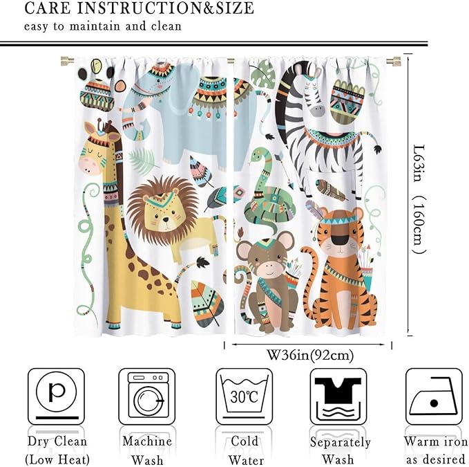 Jungle Tribal Animals Curtains, Southwest Aztec Cartoon Funny Zoo Animals Giraffe Lion Elephant Zebra Tiger Print Thermal Insulation Window Drapes for Kids Boys Girls Bedroom Living Room 72x63in