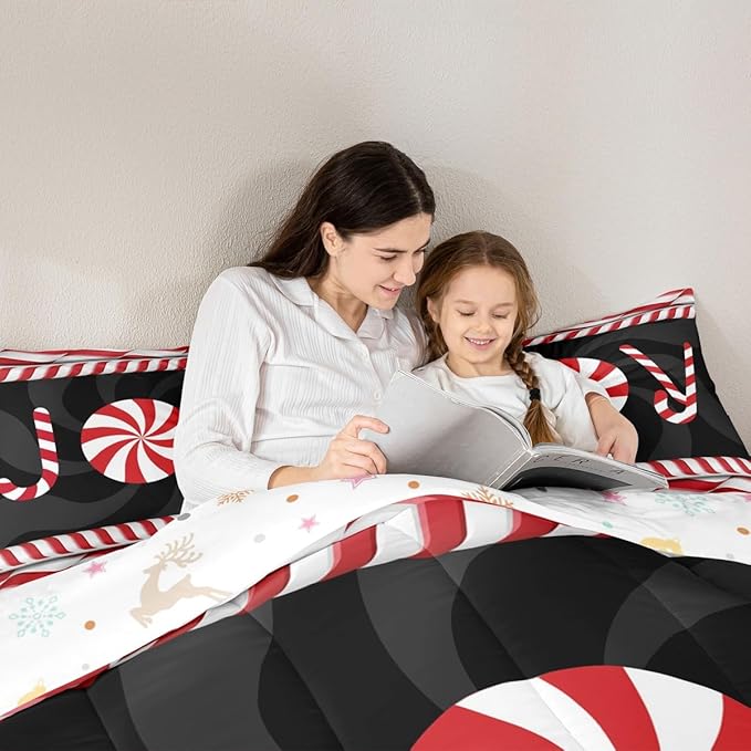 Kids Merry Christmas Comforter Set Full Size,Holiday Joy Sweet Candies Bedding,Girls Boys Adults Bedroom/Xmas Cabin Decor,Wave Geometric Retro Down Comforter,Red Black Duvet Insert,2 Pillowcases