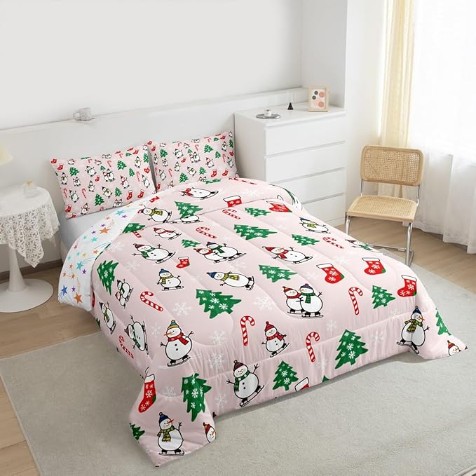 Feelyou Pink Christmas Comforter Set King Size Snowman Bedding Set for Kids Boys Girls Snowflake Duvet Quilt Xmas Tree Bedroom Decor Microfiber 3 Pcs with 2 Pillow Cases