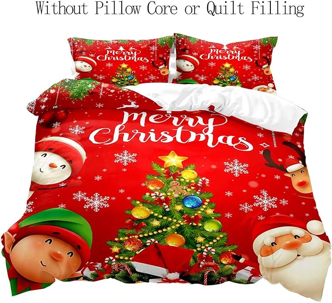 LUVIVIHOME 2PCS Christmas Duvet Cover Twin Bedding Sets, Kids Bedding, Santa Claus Snowman Reindeer Elf Snowflake Christmas Tree Holiday New Year Xmas Red Christmas Comforter Quilt Cover 1 Pillow Sham