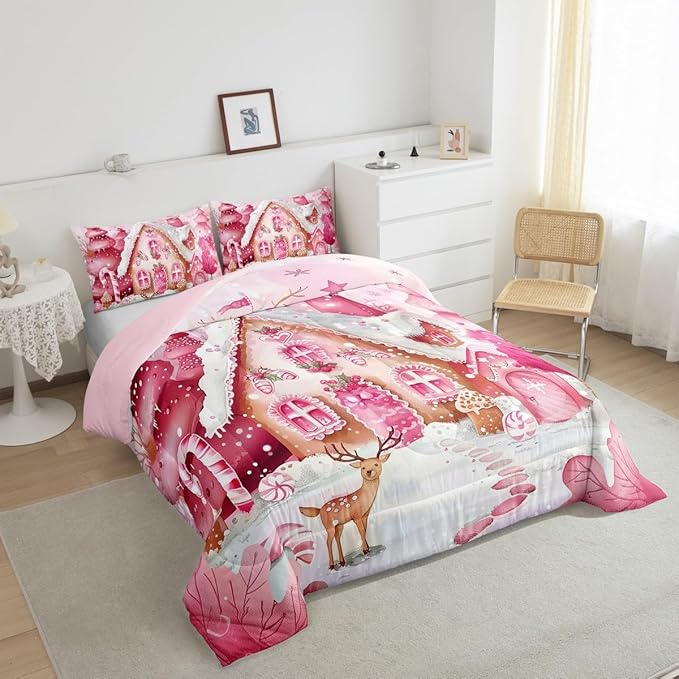 jejeloiu Kids Christmas Theme Comforter Set Twin Size Pink Xmas Candy Cane House Bedding Set for Boys Girls Teens Cute Cartoon Deer Winter Animal Happy New Year Duvet Quilt Room Decor