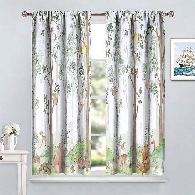 Kids Watercolor Woodland Animal Window Curtains, Bear Deer Squirrel Hedgehog Fox Birds Green Forest Blackout Rod Pocket Treatment for Boys Girls Bedroom 63x63in