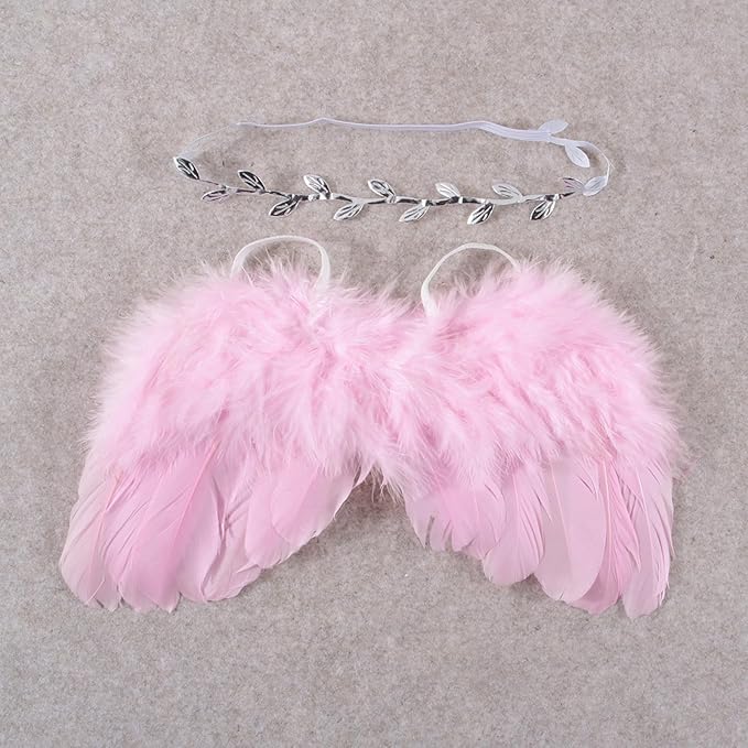 Qiansail Newborn Baby Fairy Angel Wings Princess Feather Wing Costume with White Headband Photography Props Shoot Outfits for Birthday (Light Pinik)