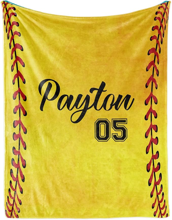 Personalized Softball Kids Blanket with Naumber and Name - Custom Sport Bed Blankets Gift for 0-3 Months Baby Essential - Super Warm and Comfortable 40x50inch