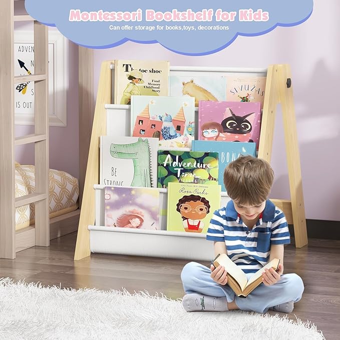 NACHES Montessori Kids Bookshelf Fabric Sling Pockets – Front Facing Toddler Book Display and Toy Storage Organizer for Nursery Playroom or Bedroom 23" Wide (Burlywood, Small)