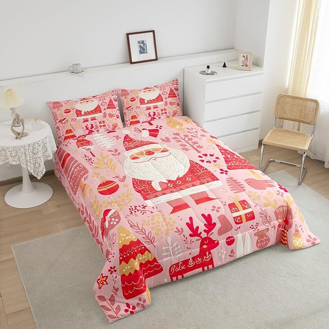 Feelyou Cute Santa Claus Bedding Set for Kids Boys Girls King Size Xmas Deer Elk Decor Comforter Set Ultra Soft Comforter Xmas Tree Duvet Quilt Bedroom Decor Christmas Decor Quilt