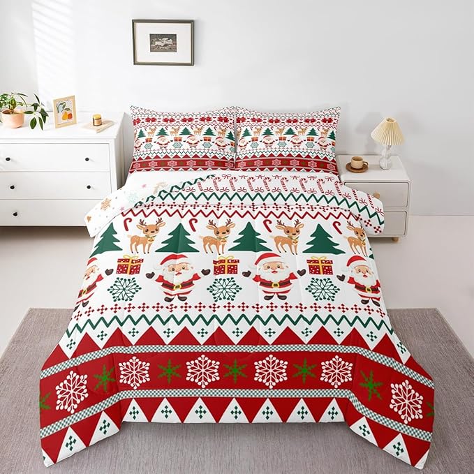 Feelyou Merry Christmas Comforter Set Toddler Size Santa Claus Bedding Set for Kids Boys Girls Cute Deer Duvet Quilt Snowflake Bedroom Decor Microfiber 2 Pcs with 1 Pillow Cases