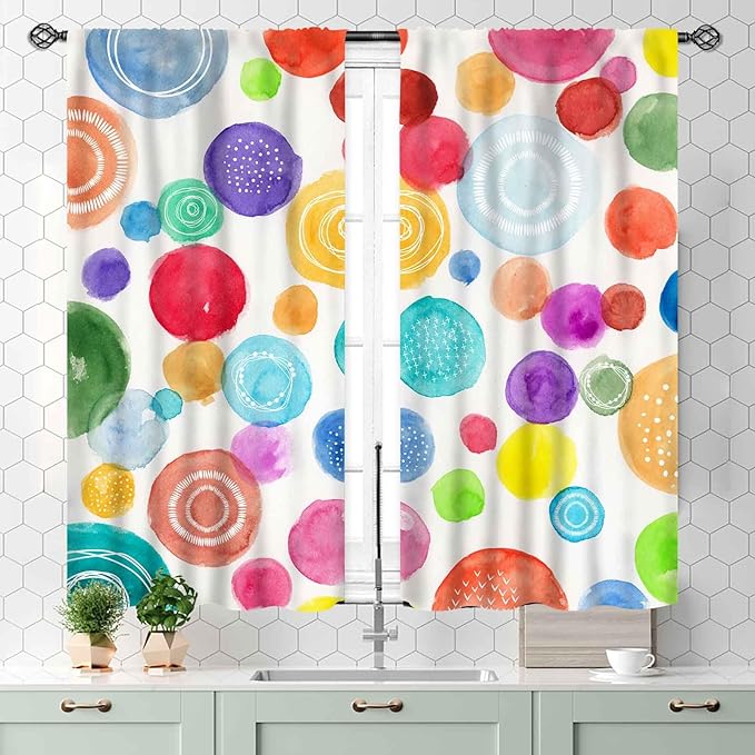 Colorful Curtains for Girls Bedroom, Watercolor Rainbow Cartoon Abstract Circle Polka Dots Splashes Cute Window Drapery for Kids Boys Girls Classroom Living Room Nursery 2 Panels, 55x39 Inch