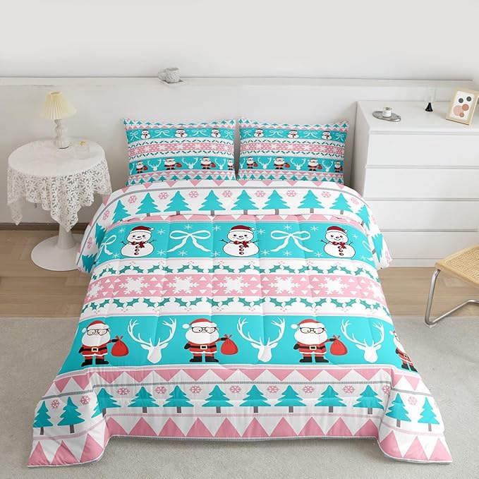 Feelyou Merry Christmas Tree Bedding Set Soft for Boys Girls, Cute Snowman Comforter Set Queen Size Santa Claus Duvet Quilt Microfiber Cartoon Bowknot Bedroom Decor 3 Pcs with 2 Pillow Cases