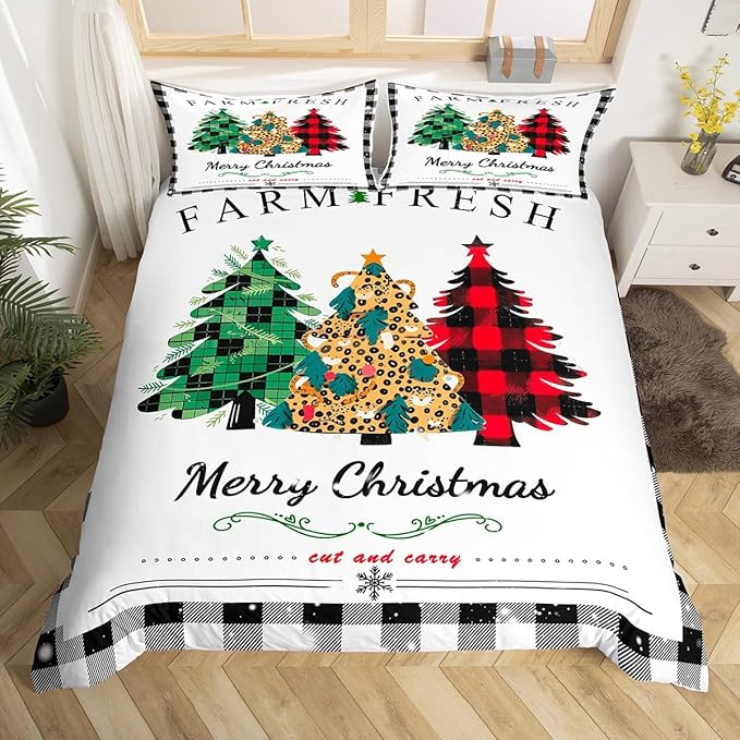 Manfei Christmas Tree Duvet Cover Set Full Size, New Year Theme Comforter Cover with 2 Pillowcases, Leopard Plaid Print Xmas Bedding Set 3pcs for Kids Boys Girls Bedroom Decor,No Comforter