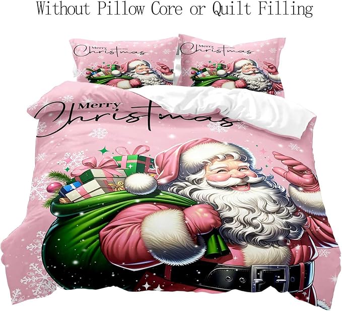 LUVIVIHOME 3PCS Pink Santa Claus Duvet Cover Full, Christmas Bedding Sets, Pink Duvet Cover, Kids Girls Bedding, Snowflake Holiday Xmas Gifts Christmas Comforter Bedspread Quilt Cover, 2 Pillow Shams