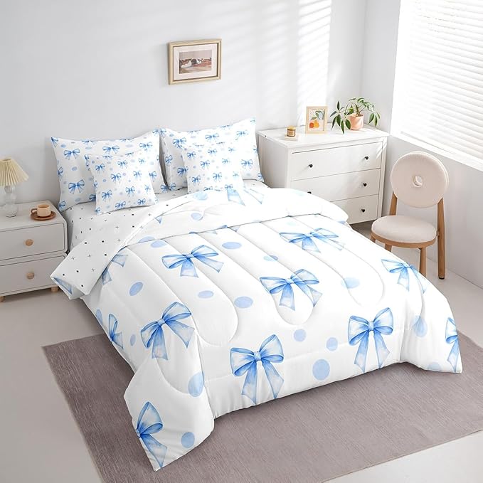 7 Pieces Blue Bowknot Kids Comforter Twin Size,Geometric Dots Bow Tie Patchwork Romantic Bedding Set,Bow Knot Princess Cute White Chic（Comforter+Fitted+Flat+2 Pillowcases+2 Throw Pillow Covers）