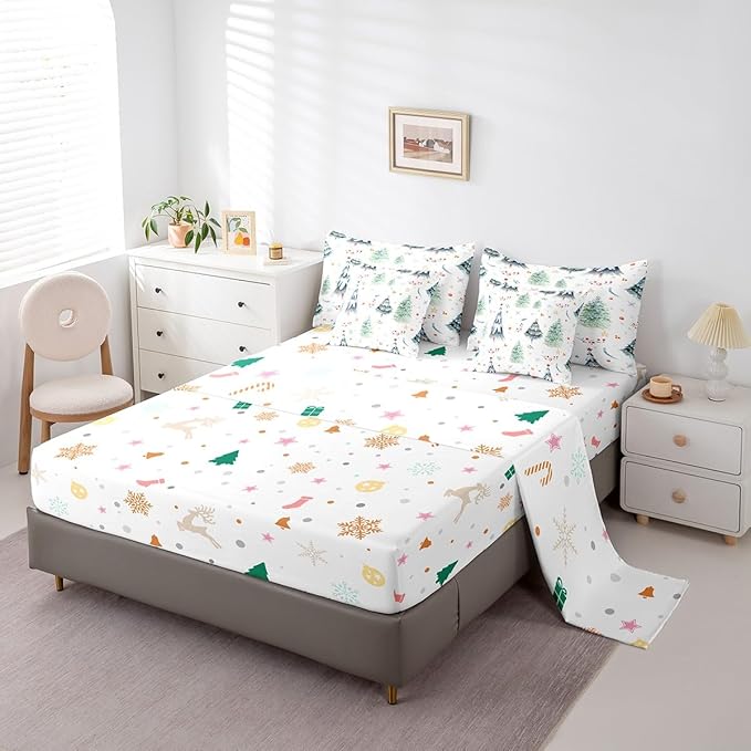 Feelyou Christmas Bed Set Xmas Tree Comforter Set with Sheets Snowflake Watercolor Blue Bed in a Bag for Kids Boys Girls Room Decor New Year Theme Bedding Set Bedroom Collection Queen Size