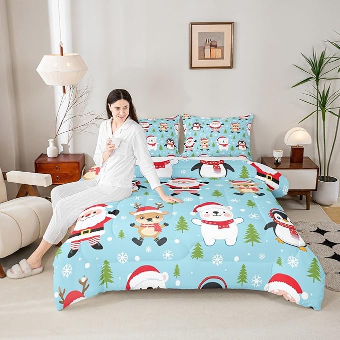 Feelyou Christmas Comforter Set Twin Size Santa Claus Bedding Set for Kids Boys Girls Penguin Deer Duvet Quilt Xmas Snowflake Tree Bedroom Decor Microfiber 2 Pcs with 1 Pillow Cases