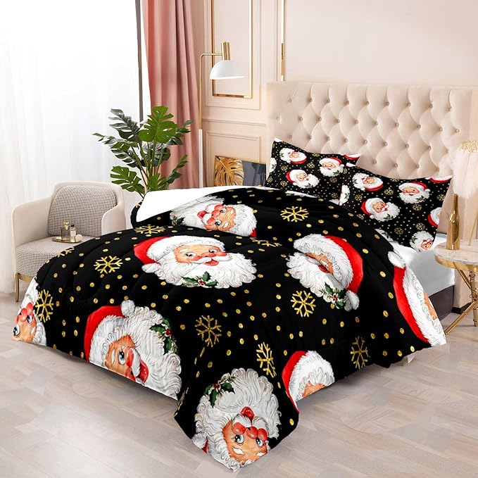 LUVIVIHOME 3PCS Merry Christmas Comforter Set King Size, Gold Snowflake Funny Cute Santa Claus Bedding, Christmas Bedroom Decor, Soft Breathable Microfiber Black Quilt, Xmas Gifts, 2 Pillow Shams