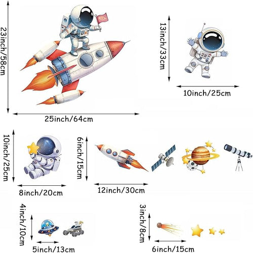 Astronaut Wall Decals Removable Peel and Stick Window Clings 2-Sheet Set with Planets, Outer Space, Rocket Boys Design for Kids Room, Nursery Classroom, Playroom Wall Decor